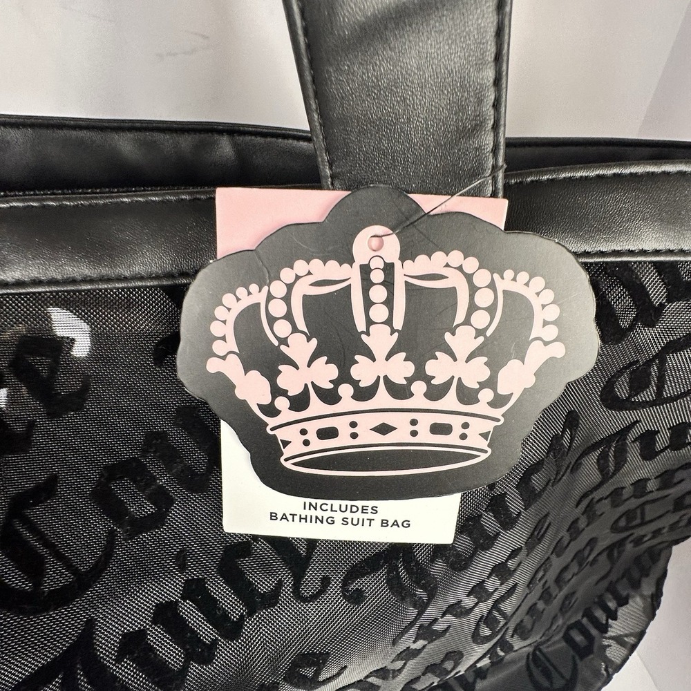 Juicy Couture Black Mesh Logo Beach Tote Bag W/ Zip Bathing Suit Pouch Goth NWT - Picture 4 of 12
